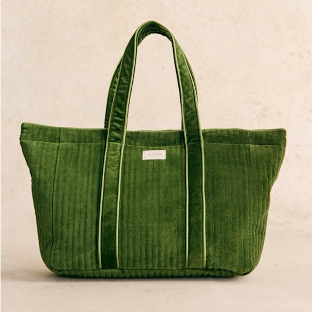 Sezane Green Velvet Padded Totebag.